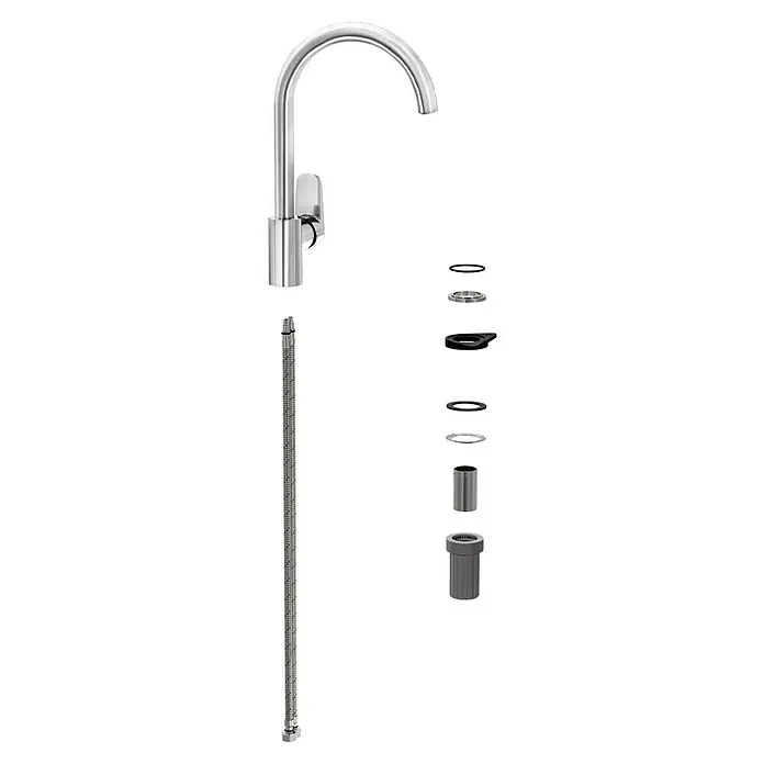 VitrA Flow Soft Spültischarmatur - Fester Auslauf, Chrom, Glänzend, Höhe: 35,2 cm - Chrom-Küchenarmatur mit geschwungenem Auslauf, Einhebelgriff, Anschlussleitungen und Montageteilen.