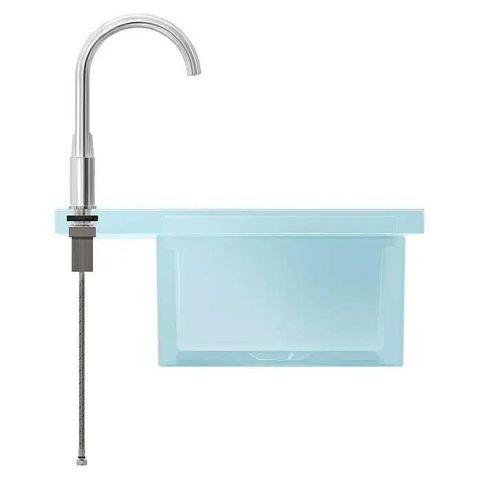 VitrA Flow Soft Spültischarmatur - Fester Auslauf, Chrom, Glänzend, Höhe: 35,2 cm - Silberner Küchenhahn mit gebogenem Auslauf über hellblauem, durchscheinendem rechteckigem Becken mit Schlauch.