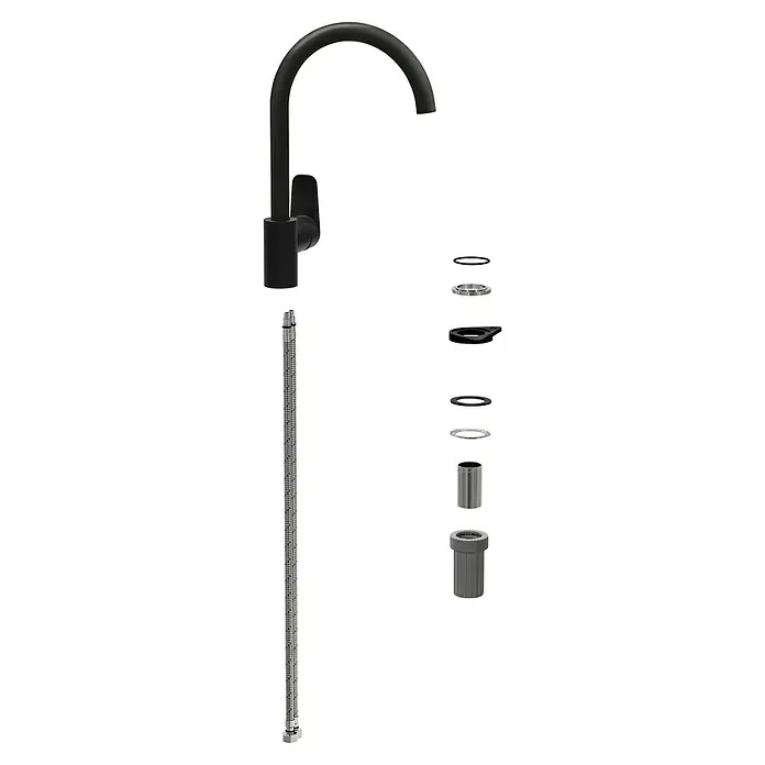 VitrA Flow Soft Spültischarmatur - Fester Auslauf, Schwarz, Matt, Höhe: 35,2 cm - Schwarze Küchenarmatur mit flexiblen Anschlussschläuchen und zerlegten Montagekomponenten.