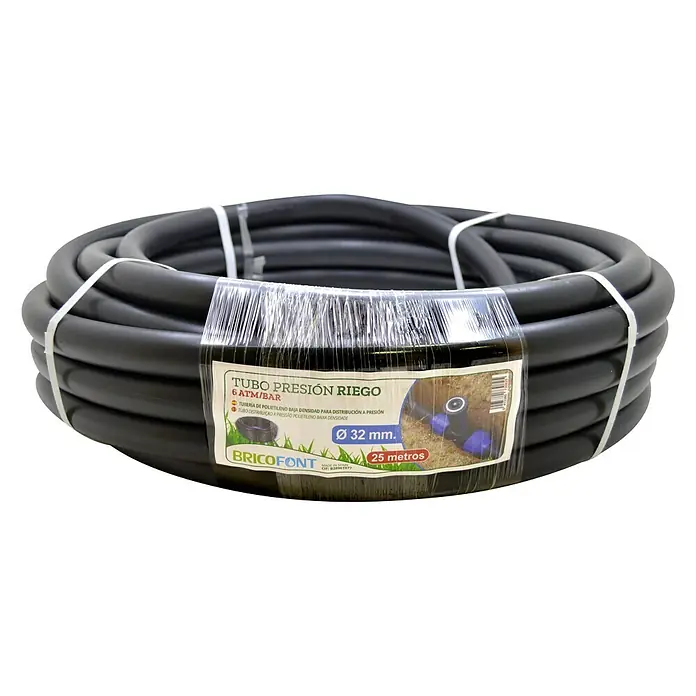 Tubo PE para riego - Ø x L: 32 mm x 25 m, Polietileno - Rollo de manguera de riego a presión BRICOFONT negra (6 ATM/BAR, Ø32 mm, 25 metros) de polietileno de baja densidad para distribución a presión.