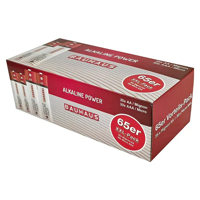 BAUHAUS Alkaline-Batterie 65er-Pack AAA Micro + AA Mignon - 1,5 V, Anzahl: 65 Stk. - Eine Großpackung Bauhaus Alkaline Power Batterien, bestehend aus 35 AA- und 30 AAA-Batterien.