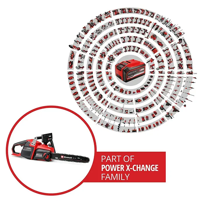 Einhell Professional Akku-Kettensäge GP-LC 36/40 - 36 V, Li-Ionen, Ohne Akku, Schwertlänge: 40 cm - Rot-schwarze Akku-Kettensäge, daneben Akku und viele weitere kompatible rote Elektrowerkzeuge.