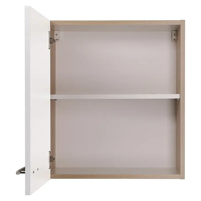 Respekta Merle Küchen-Hängeschrank - B x T x H: 50 x 34,6 x 56,1 cm, Weiß - Ein offener Badezimmerschrank in Weiß und Holzoptik mit einem Einlegeboden bietet Stauraum für Badutensilien.