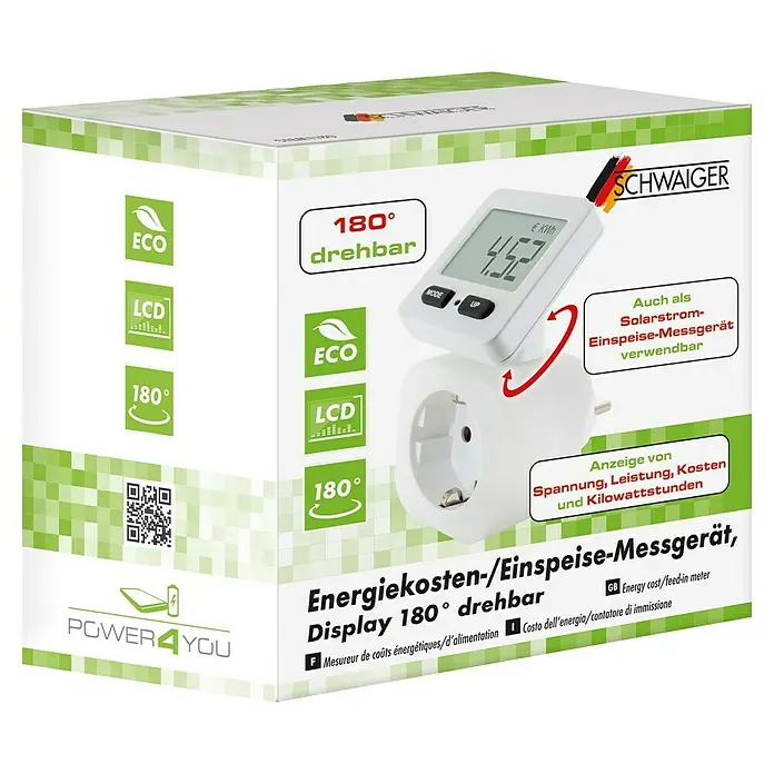 Schwaiger Energiekosten-Messgerät drehbar - 3.680 W - Weißes Energiemessgerät mit 180° drehbarem Digitaldisplay, misst Verbrauch, Kosten und Solareinspeisung.