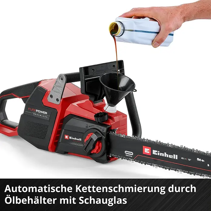 Einhell Professional Akku-Kettensäge GP-LC 36/40 - 36 V, Li-Ionen, Ohne Akku, Schwertlänge: 40 cm - Rote Einhell Kettensäge wird mit Öl befüllt. Mit automatischer Kettenschmierung über Ölbehälter mit Schauglas.