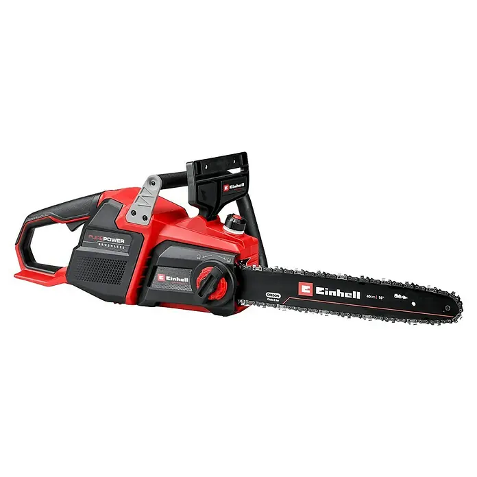 Einhell Professional Akku-Kettensäge GP-LC 36/40 - 36 V, Li-Ionen, Ohne Akku, Schwertlänge: 40 cm - Abbildung einer roten Akku-Kettensäge von Einhell mit einer Kette von Oregon, ideal für den Garten und die Baumpflege.