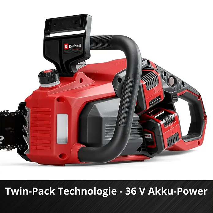 Einhell Professional Akku-Kettensäge GP-LC 36/40 - 36 V, Li-Ionen, Ohne Akku, Schwertlänge: 40 cm - Rote und schwarze Einhell Akku-Kettensäge mit schwarzem Griff, Kette und Schwert, hebt 36V Twin-Pack Akku-Leistung hervor.