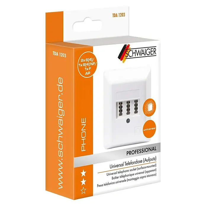 Schwaiger TAE-Anschlussdose NF/F Aufputzmontage - Weiß, Kunststoff, Aufputz - Weiße Universal-Telefonsteckdose zur Aufputzmontage, in ihrer Verkaufsverpackung.
