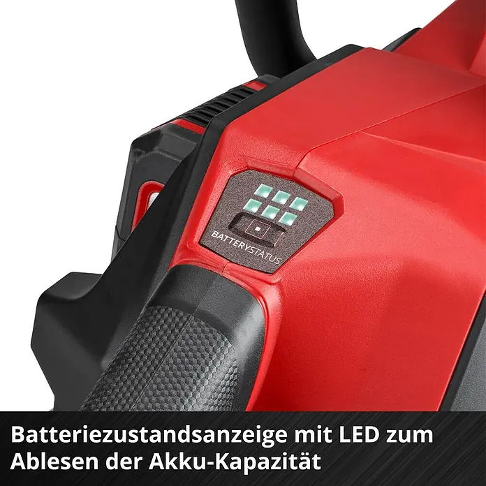 Einhell Professional Akku-Kettensäge GP-LC 36/40 - 36 V, Li-Ionen, Ohne Akku, Schwertlänge: 40 cm - Rotes und schwarzes Gerät mit LED-Batteriestatusanzeige.
