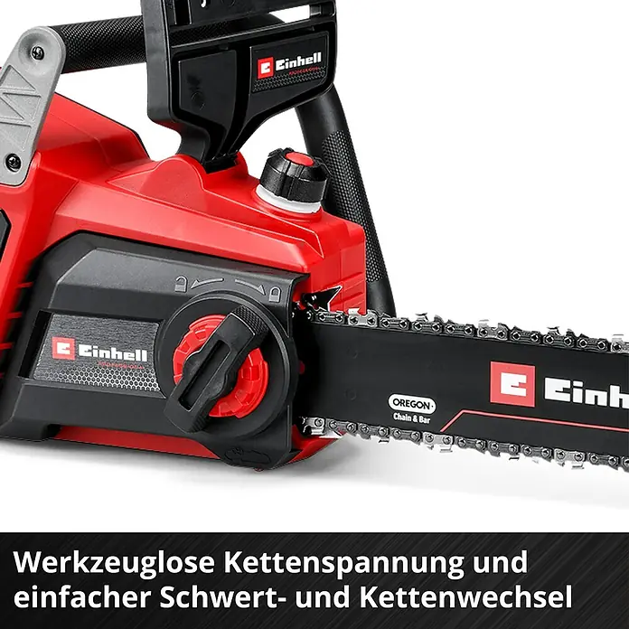 Einhell Professional Akku-Kettensäge GP-LC 36/40 - 36 V, Li-Ionen, Ohne Akku, Schwertlänge: 40 cm - Rote und schwarze Einhell Kettensäge mit werkzeugloser Kettenspannung für einfachen Schwert- und Kettenwechsel.