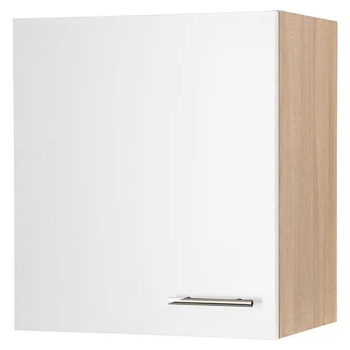 Respekta Merle Küchen-Hängeschrank - B x T x H: 50 x 34,6 x 56,1 cm, Weiß - Aufnahme eines weißen Küchenhängeschranks mit Griff und Holzseiten.