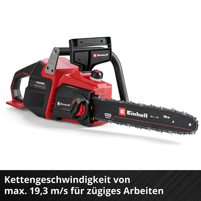 Einhell Professional Akku-Kettensäge GP-LC 36/40 - 36 V, Li-Ionen, Ohne Akku, Schwertlänge: 40 cm - Rote und schwarze Einhell Kettensäge mit 40 cm Schwert und einer Kettengeschwindigkeit von max. 19,3 m/s für zügiges Arbeiten.