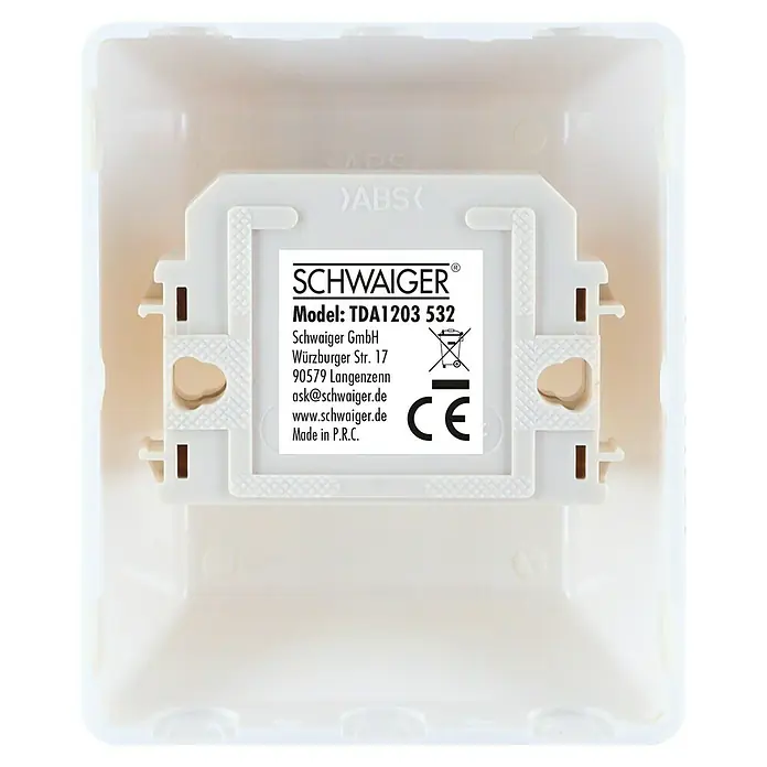 Schwaiger TAE-Anschlussdose NF/F Aufputzmontage - Weiß, Kunststoff, Aufputz - Rückseite eines weißen ABS-Kunststoff-Elektronikgehäuses mit Etikett, das Modell TDA1203 532, Hersteller Schwaiger und CE-Zeichen angibt.