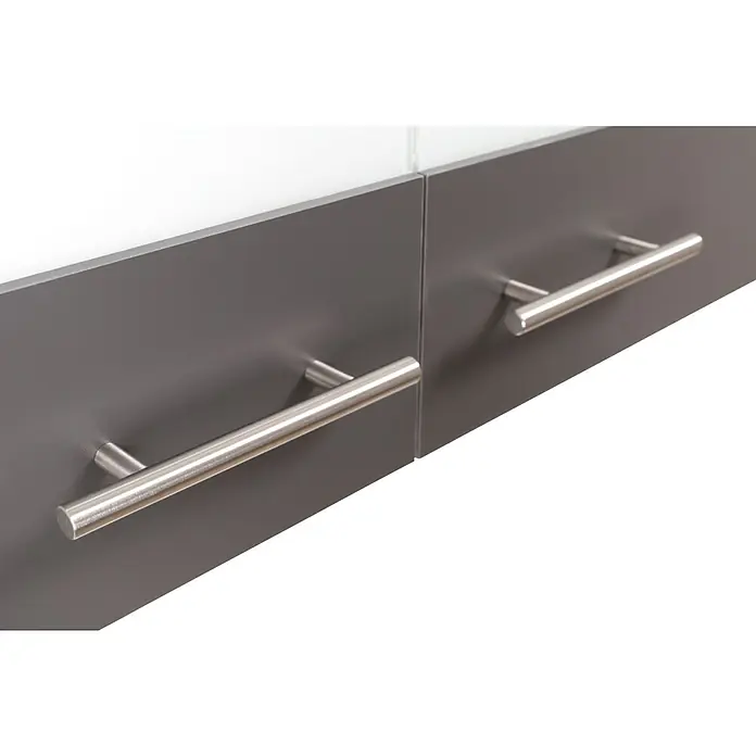 Respekta Merle Miniküche Typ 5 - Breite: 100 cm, Grau, Duo-Kochmulde - Zwei moderne, silberne Schubladengriffe sind an grauen Schubladenfronten montiert. Die Griffe sind horizontal ausgerichtet und scheinen aus Edelstahl zu sein.