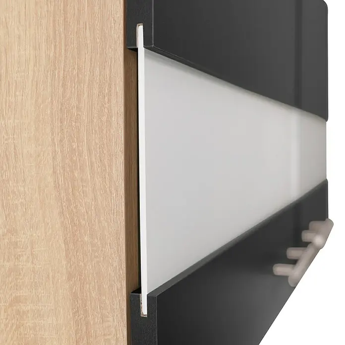 Respekta Merle Miniküche Typ 5 - Breite: 100 cm, Schwarz, Duo-Kochmulde - Nahaufnahme eines eleganten Schiebetürschranks mit Holz-, Weiß- und Anthrazitelementen. Ideal für moderne Raumlösungen.