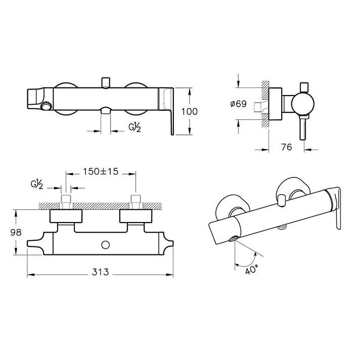 VitrA Suit Badewannenarmatur - Schwarz, Matt - Technische Zeichnung einer Wand-Duscharmatur mit Maßen, G½ Anschlüssen und 40° schrägem Auslauf.
