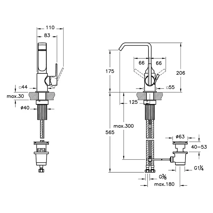 VitrA Suit Waschtischarmatur - Kupfer, Glänzend, Mit Zugstange, Höhe: 20,6 cm - Technische Zeichnung von zwei verchromten Bad-/Küchenarmaturen mit Maßen und Installationsdetails.