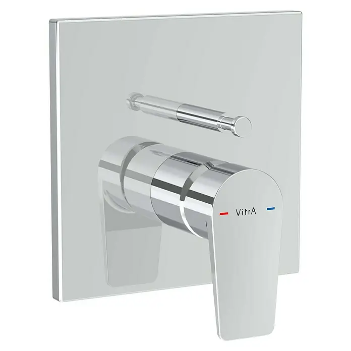VitrA Flow Square UP-Badewannenarmatur - Ausladung Armatur: 90 mm, Chrom, Glänzend - Verchromte Duscharmatur mit quadratischer Platte und rechteckigem Hebel, VitrA-Logo, Heiß-/Kalt-Anzeige.