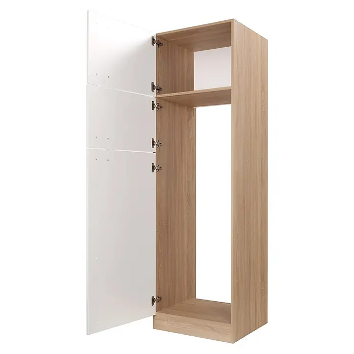 Respekta Merle Kühlumbauschrank - B x T x H: 60 x 60 x 200 cm, Weiß - Schrank mit weißer Tür und Holzrahmen, teilweise offen mit einem Regal und einem leeren Fach. Ideal für Stauraum.