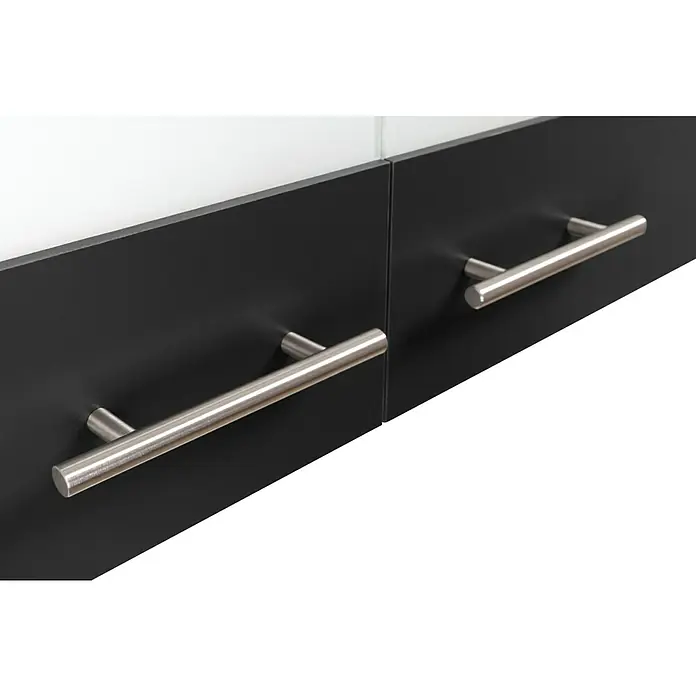 Respekta Merle Miniküche Typ 5 - Breite: 100 cm, Schwarz, Duo-Kochmulde - Nahaufnahme von zwei schwarzen Schubladen mit silbernen Griffen. Die Griffe sind horizontal angebracht und leicht abgerundet.