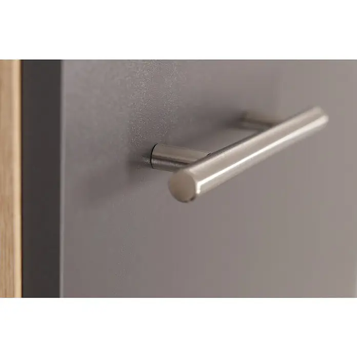 Respekta Merle Miniküche Typ 5 - Breite: 100 cm, Grau, Duo-Kochmulde - Nahaufnahme eines modernen Schranks mit einem eleganten, silbernen Griff, der das schlichte Design hervorhebt.