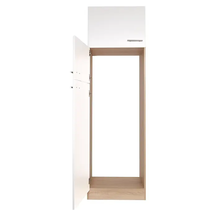 Respekta Merle Kühlumbauschrank - B x T x H: 60 x 60 x 200 cm, Weiß - Offener weißer Küchenschrank mit Griff am oberen Schrank. Die Holzauskleidung im Inneren ist sichtbar.