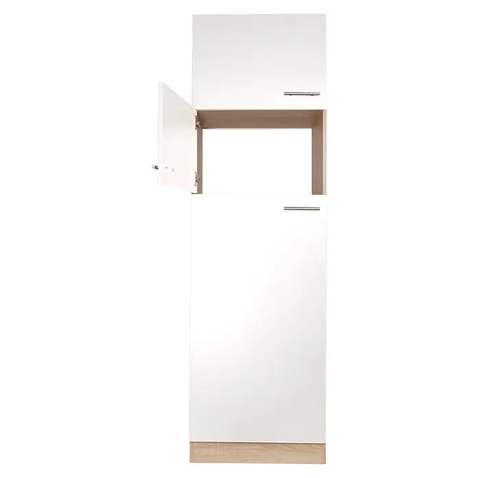 Respekta Merle Kühlumbauschrank - B x T x H: 60 x 60 x 200 cm, Weiß - Hier ist ein hoher weißer Küchenschrank mit einer geöffneten Tür und Metallgriffen. Das Innere des Schranks ist hellbraun.