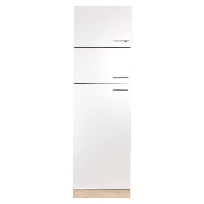 Respekta Merle Kühlumbauschrank - B x T x H: 60 x 60 x 200 cm, Weiß - Moderner weißer Küchenschrank mit drei Fächern und silbernen Griffen, der Funktionalität und schlichte Eleganz vereint.
