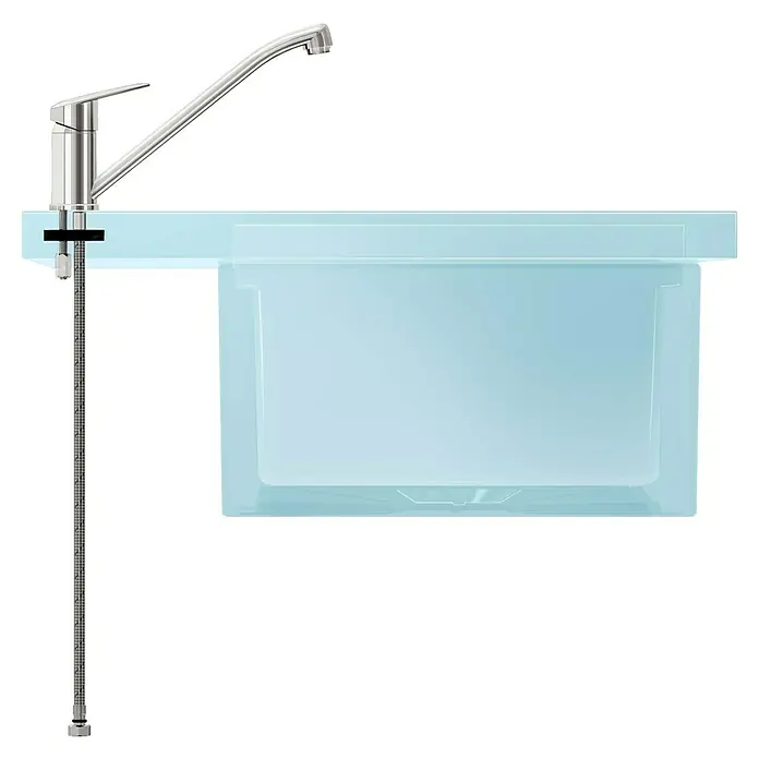 VitrA Flow Round Spültischarmatur - Höhe: 17,4 cm, Chrom, Glänzend - Moderner Chrom-Küchenarmatur mit Ausziehbrause, montiert auf einem hellblauen Plastikspülbecken.