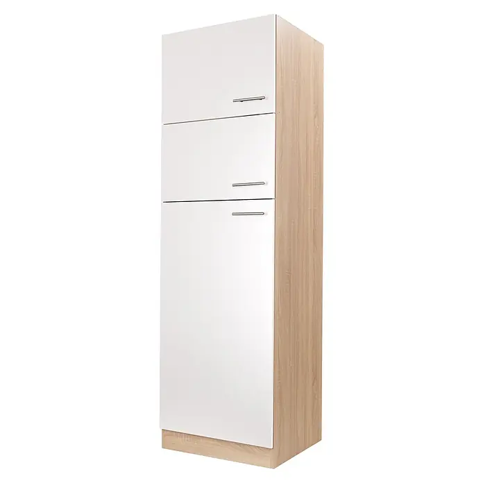 Respekta Merle Kühlumbauschrank - B x T x H: 60 x 60 x 200 cm, Weiß - Ein moderner dreitüriger Hochschrank mit weißen Fronten und einem hellen Holzrahmen, ideal für Stauraum in Küche oder Bad.