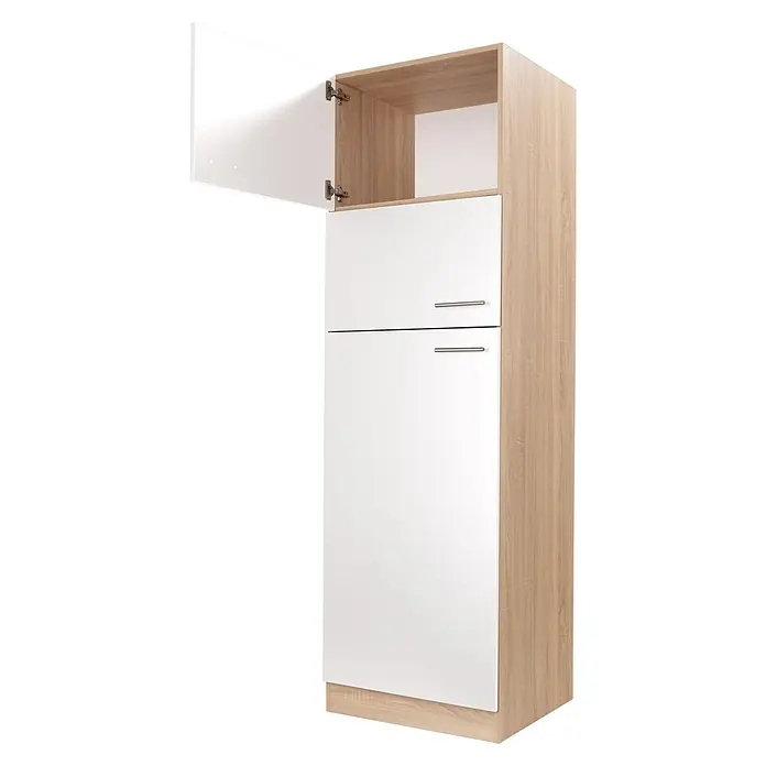 Respekta Merle Kühlumbauschrank - B x T x H: 60 x 60 x 200 cm, Weiß - Ein hochformatiger, heller Küchenschrank mit weißen Türen und silbernen Griffen, wobei die obere Tür geöffnet ist.