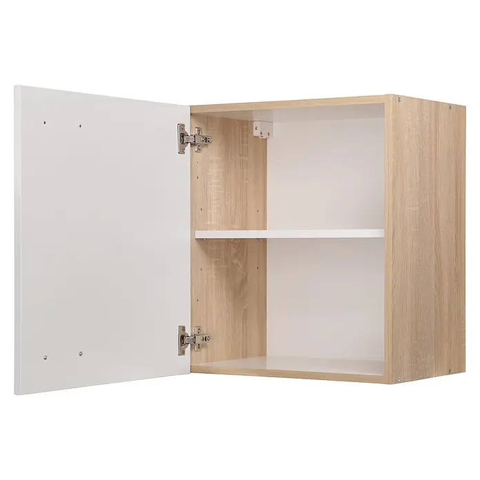 Respekta Merle Küchen-Hängeschrank - B x T x H: 50 x 34,6 x 56,1 cm, Weiß - Abbildung eines offenen Küchenschranks mit weißer Tür und hellbraunen Holzregalen. Das Innere des Schranks ist weiß.