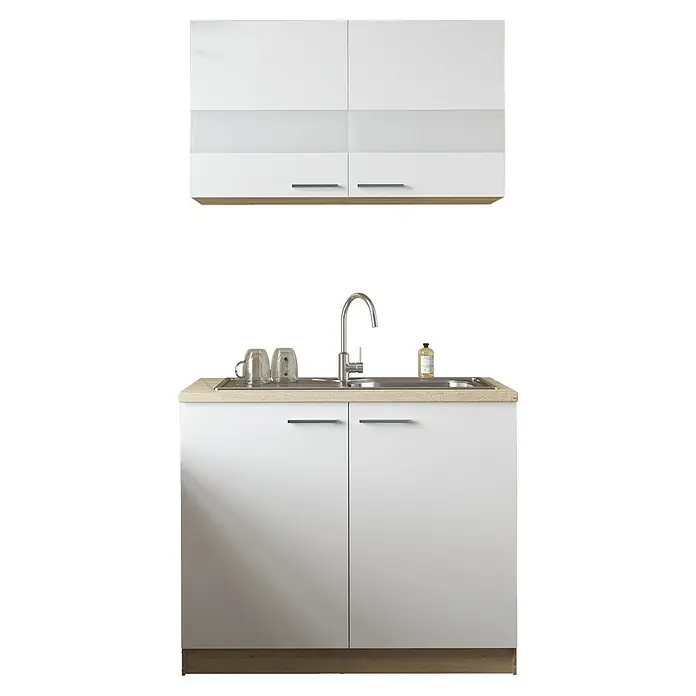 Respekta Merle Komplettspüle Typ 1 - 100 x 60 cm, Weiß - Küchenspüle mit weißen Schränken und hellem Holz, ideal für eine moderne Küche. Die Spüle ist mit einem Wasserhahn und Ablageflächen ausgestattet.