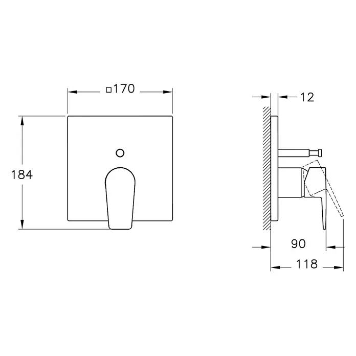 VitrA Flow Square UP-Badewannenarmatur - Ausladung Armatur: 90 mm, Chrom, Glänzend - Maßzeichnung eines wandmontierten Einhebelmischers mit rechteckiger Blende.