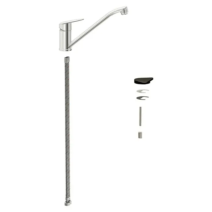 VitrA Flow Round Spültischarmatur - Höhe: 17,4 cm, Chrom, Glänzend - Zerlegter Chrom-Küchenarmatur mit geflochtenen Schläuchen und Montageteilen.