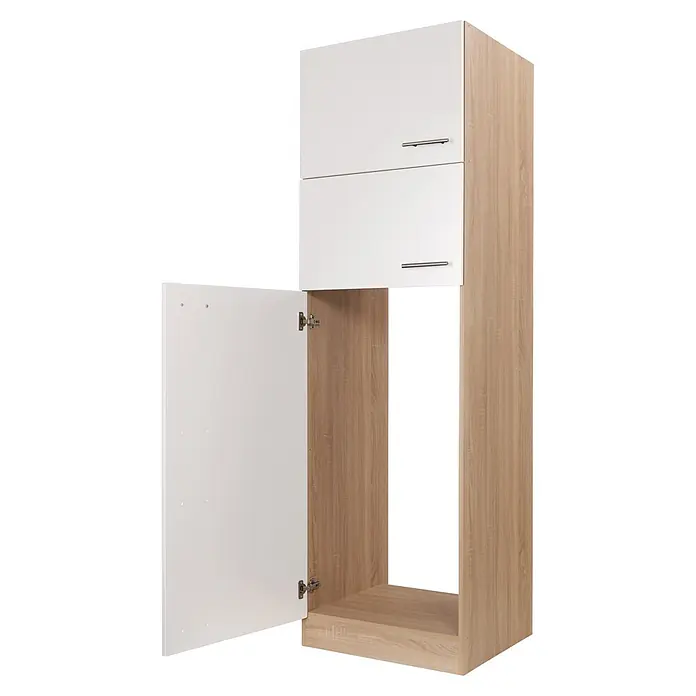 Respekta Merle Kühlumbauschrank - B x T x H: 60 x 60 x 200 cm, Weiß - Dieser Schrank mit weißen Schubladen und einer offenen Holztür bietet viel Stauraum und Funktionalität.