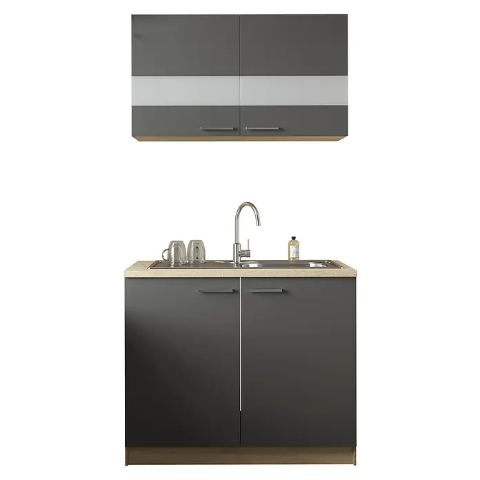 Respekta Merle Komplettspüle Typ 1 - 100 x 60 cm, Grau - Küchenspüle mit Unterschrank und Hängeschrank in Grau und Weiß. Moderne Kücheneinrichtung mit Spüle, Armatur und Stauraum.