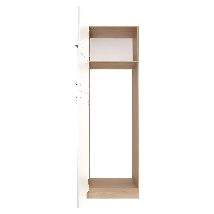 Respekta Merle Kühlumbauschrank - B x T x H: 60 x 60 x 200 cm, Weiß - Dieses Bild zeigt einen offenen Kleiderschrank mit Einlegeböden und einer weißen Tür. Der Schrank ist aus hellem Holz gefertigt.