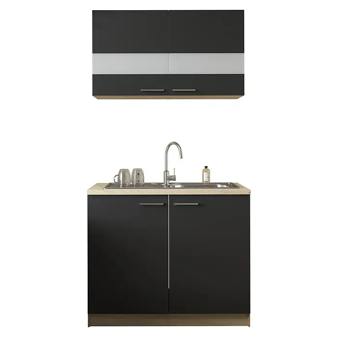Respekta Merle Komplettspüle Typ 1 - 100 x 60 cm, Schwarz - Küchenspüle mit schwarzen Schränken und einer Spüle aus Edelstahl. Die Küchenschränke sind modern gestaltet.