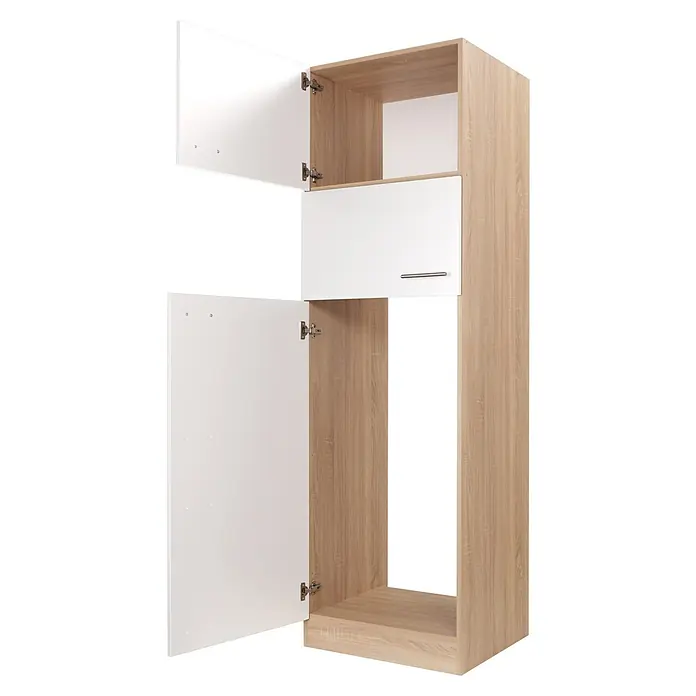 Respekta Merle Kühlumbauschrank - B x T x H: 60 x 60 x 200 cm, Weiß - Der Küchenschrank mit offenstehenden weißen Türen zeigt sein helles Holzinneres und bietet viel Stauraum.