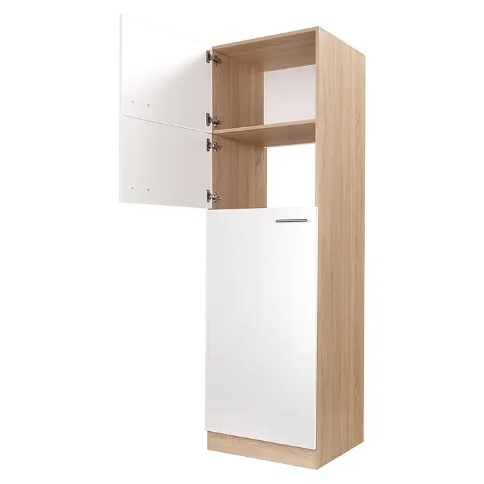Respekta Merle Kühlumbauschrank - B x T x H: 60 x 60 x 200 cm, Weiß - Ein hoher, schmaler Badezimmerschrank in Holzoptik mit weißen Fronten, teilweise geöffnet, für zusätzlichen Stauraum.
