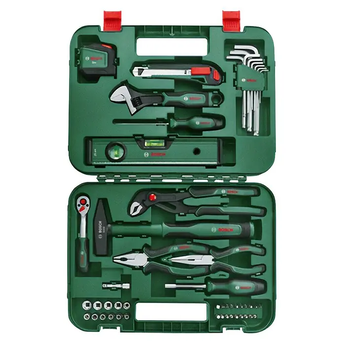 Bosch Advanced Maletín de herramientas - 52 pzs. - Caja de herramientas llena de diversas herramientas, incluyendo llaves, martillo, alicates y destornilladores.