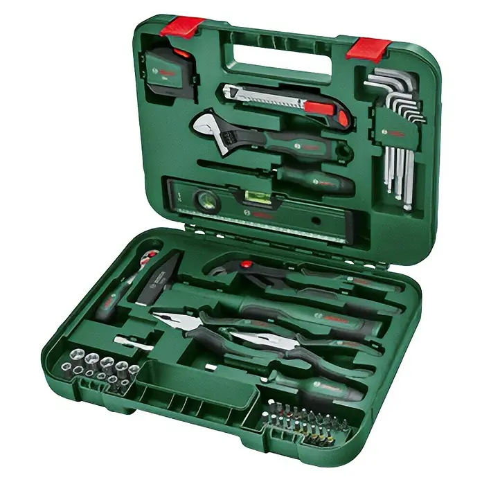 Bosch Advanced Maletín de herramientas - 52 pzs. - Caja de herramientas con varias herramientas, incluyendo llaves, destornilladores, martillo y alicates, todo bien embalado en una caja verde.