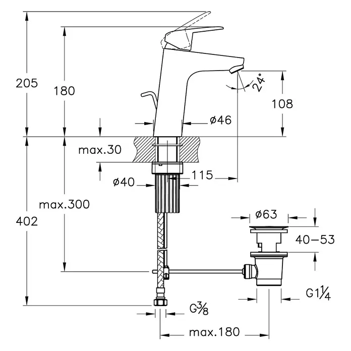 VitrA Flow Round Waschtischarmatur Eco - Höhe: 18 cm, Ausladung Armatur: 115 mm, Chrom, Mit Zugstange - Technische Zeichnung eines Badarmatur mit detaillierten Maßen und Abflussgarnitur. Zeigt Seitenansicht, Anschlüsse und Abmessungen.