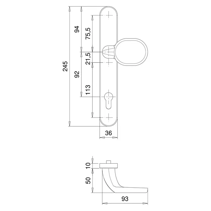Kantoflex Wechselgarnitur Kronos - Silber - Detaillierte technische Zeichnung eines Türgriffs mit allen Maßangaben, um das Design und die Abmessungen präzise darzustellen.