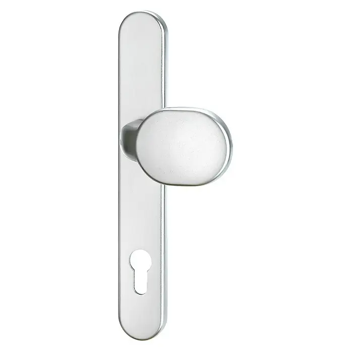 Kantoflex Wechselgarnitur Kronos - Silber - Nahaufnahme eines silbernen Türgriffs mit ovalem Griff und Schlüsselloch, ideal für moderne Inneneinrichtungen und sichere Türen.