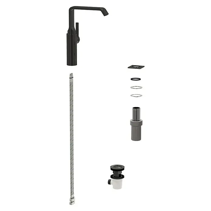 VitrA Suit Waschtischarmatur - Schwarz, Glänzend, Ohne Zugstange, Höhe: 25,7 cm - Demontierte schwarze Küchenarmatur mit flexiblen Schläuchen, Montageteilen und einer schwarz-weißen Abflussgarnitur.