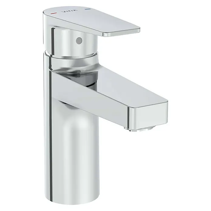 VitrA Flow Square Waschtischarmatur - Niederdruck, Chrom, Glänzend, Höhe: 15,6 cm, Ohne Ablaufgarnitur - Verchromte Einhebelmischbatterie mit rechteckigem Auslauf und roten/blauen Markierungen am Griff.