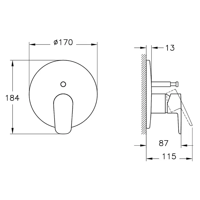 VitrA Flow Soft UP-Badewannenarmatur - Chrom, Glänzend, Ausladung Armatur: 87 mm - Wandmontierte Einhebel-Duscharmatur mit runder Frontplatte, mit Vorder- und Seitenansicht samt Maßen.