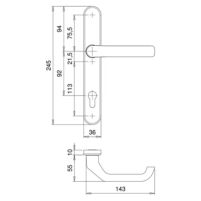 Kantoflex Wechselgarnitur Kronos - Silber - Technische Zeichnung einer Türklinke mit Maßangaben für Installationsdetails und Abmessungen für die Planung.